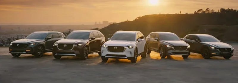 Mazda vehicles lined up in sunset